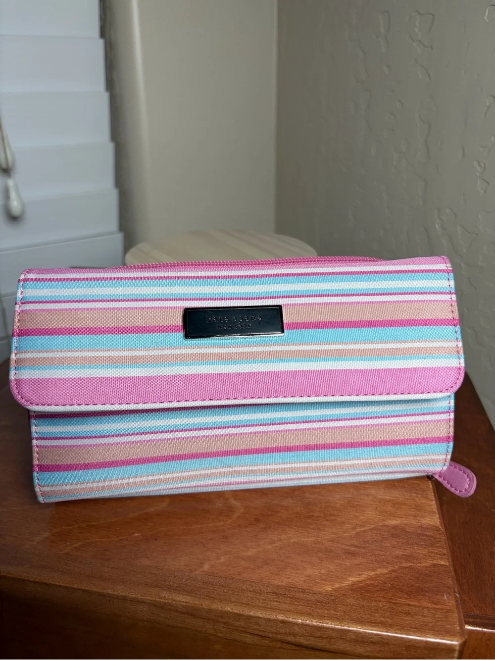 Kate Spade New York Pink Blue Striped Organizer Wallet Clutch